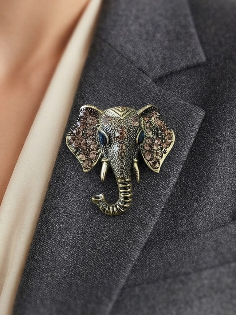 Elephant Head Lapel Pin Brooch in Antique Gold with Brown Accents